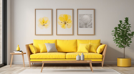 Living room interior yellow sofa facing wall with frame.