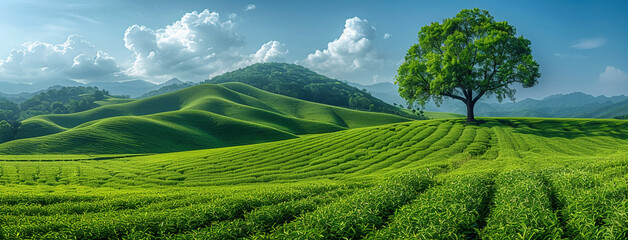 Fototapeta premium Wide wallpaper background image of long empty grass mountain valley landscape with beautiful greenish grass field and blue sky with white clouds 