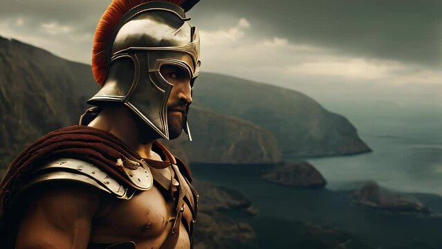 An ancient Greek warrior wearing a full helmet stands before a desolate landscape.
