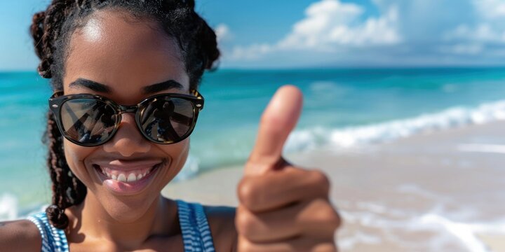 Radiant and Joyful African American Woman at Sunny Beach, Embracing the Beauty of Life and Nature with Trendy Braided Hairstyle, Expressing Happiness, Positivity, and Carefree Spirit.