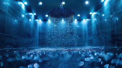 Water droplets cascade from a high-end shower fixture in a spa-like washroom - obrazy, fototapety, plakaty