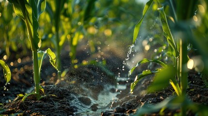 Sprinklers shower young cornfields, capturing the essence of farm life - obrazy, fototapety, plakaty