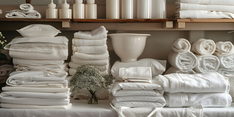 Tidy stacks of white linens including bed sheets towels and other necessary items in hospitality tidy - obrazy, fototapety, plakaty