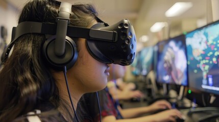 Naklejka premium A view of a virtual reality corner with students wearing headsets and engaging in an immersive educational experience.