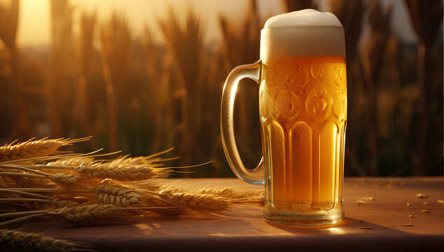 Chilled beer in a glass or mug with wheat field background and wallpaper 