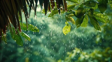 Rain falls in a tranquil rhythm on a traditional thatched roof in the jungle - obrazy, fototapety, plakaty