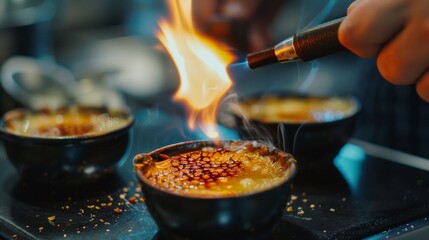 A students hand holding a fiery blowtorch caramelizing the top of a crÃ¨me brÃ»lÃ©e for the perfect crunchy texture.