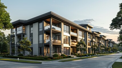 Fototapeta premium Stylish apartment complex with balconies overlooking a serene, green streetscape