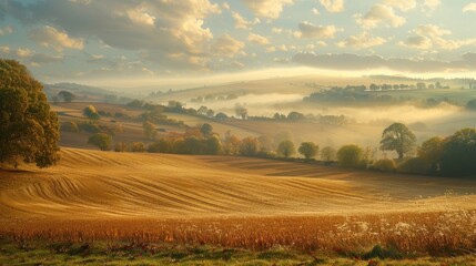 Early morning light bathes patchwork farmland in golden hues - obrazy, fototapety, plakaty