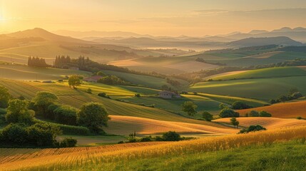 Early morning light bathes patchwork farmland in golden hues