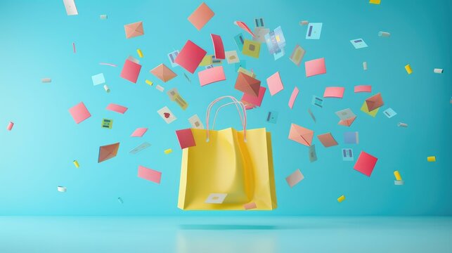 3D render of a shopping spree, colorful credit cards flying into a shopping bag
