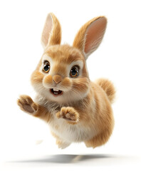Obraz premium Cute 3D illustration of a rabbit jumping on an isolated background, perfect for wildlife, nature, Easter, or spring-themed designs.