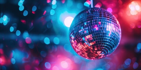Obraz premium Shimmering Disco Ball Suspended in a Festive Setting with Radiant Blue and Pink Lights, Casting a Spellbinding and Energetic Aura for a Joyous Celebration or Occasion