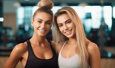 Tuinposter Portrait of smiling beautiful women exercising in fitness studio © piai