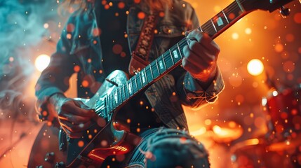 Electric guitarist performing with a band in a dynamic concert scene - obrazy, fototapety, plakaty