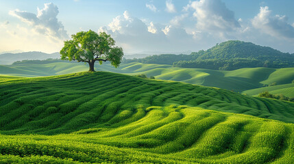 Wide wallpaper background image of long empty grass mountain valley landscape with beautiful...