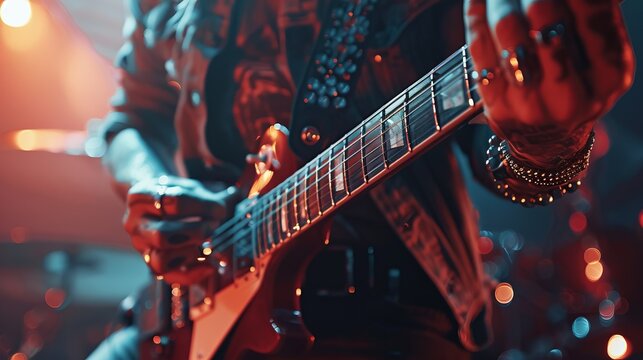 Rock musician focused on guitar fretboard during a live gig performance