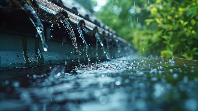 Pattering rainwater flows from a gutter, a scene of urban rainfall