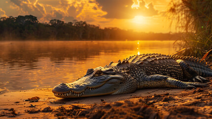 Saltwater Crocodile Basking in the Sunset by the Riverbank in the Wild