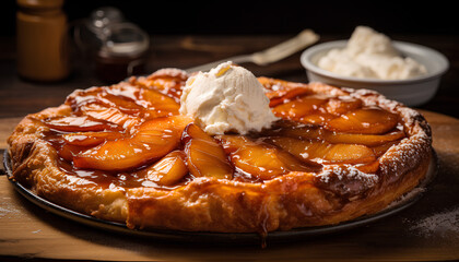 Tarte tatin, French-style apple tart, features caramelized apples baked in a buttery pastry crust