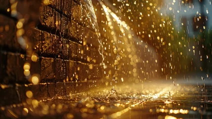 Fotobehang Rainwater gushes from a downpipe during a heavy rain, street side view © Lena