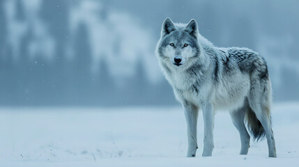 Obraz premium Majestic gray wolf standing in a snowy landscape, exuding a sense of alertness and wild beauty