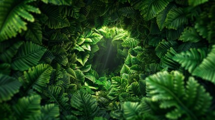 Dense foliage of ferns arranged in a hypnotic circular design