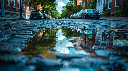 Water puddle reflecting sky on cobblestone street near metallic drain - obrazy, fototapety, plakaty