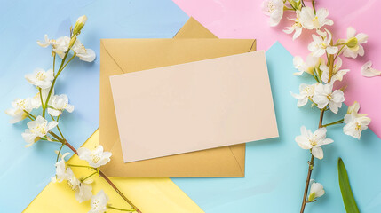 Blank Greeting Card Mockup with Golden Envelope and White Flowers on Dual-Toned Background