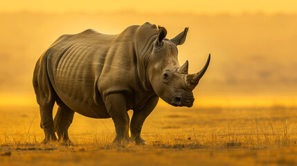 Imposing Rhinoceros Facing Forward with Intense Gaze on a Hazy Background