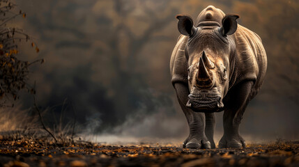 Imposing Rhinoceros Facing Forward with Intense Gaze on a Hazy Background