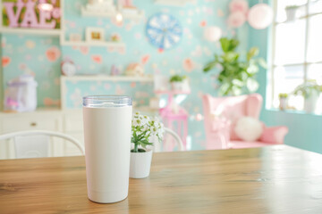 Insulated Tumbler on Wooden Surface with Whimsical Pastel Room Decor