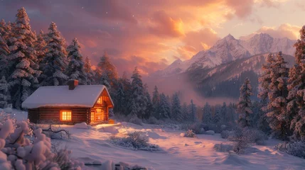 Fototapeten Cozy log cabin aglow as twilight descends on a snowy mountain forest © Lena