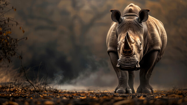 Imposing Rhinoceros Facing Forward with Intense Gaze on a Hazy Background