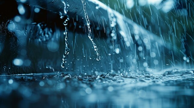 Pattering rainwater flows from a gutter, a scene of urban rainfall
