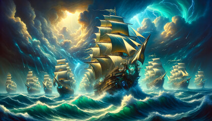 The Fantastic Voyage of the Furious Flotilla, where a fleet of ships with fantasy designs sails across a rough sea. These ships have sails that gleam as if made of pure light - obrazy, fototapety, plakaty
