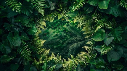 Dense foliage of ferns arranged in a hypnotic circular design - obrazy, fototapety, plakaty