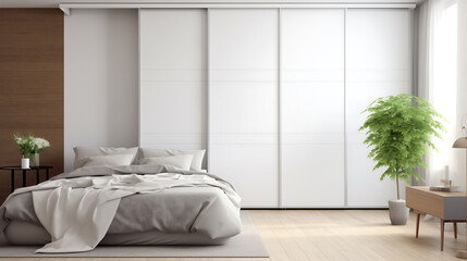 White wooden wardrobe with sliding doors on modern bedroom.