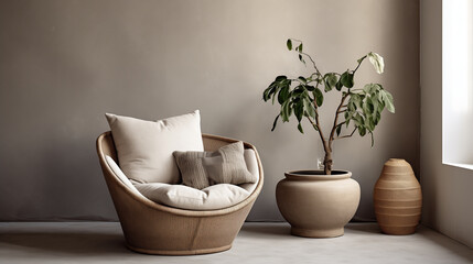 Modern minimalist living room with stylish armchair, potted plant, and decorative vase on a warm, neutral background