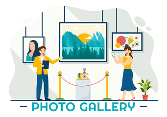 Photo Gallery Vector Illustration for Museum Visitors View Exhibition of Modern Abstract Paintings and Picture in Contemporary in Flat Background