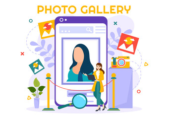Photo Gallery Vector Illustration for Museum Visitors View Exhibition of Modern Abstract Paintings and Picture in Contemporary in Flat Background