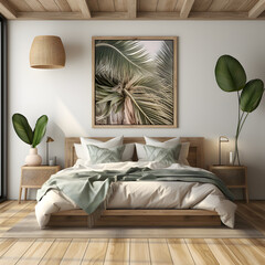 Home mockup, bedroom interior background with rattan furniture and empty frames, Coastal style, 3d render