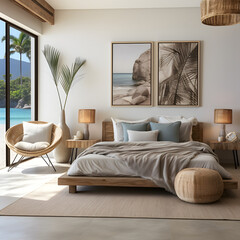 Home mockup, bedroom interior background with rattan furniture and empty frames, Coastal style, 3d render