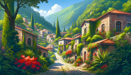 a scenic Mediterranean village nestled in a lush valley. The village has quaint stone houses with terra cotta roofs, lining a meandering cobblestone street