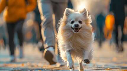 Blurred crowd background with focused jogger and eager small white dog in motion