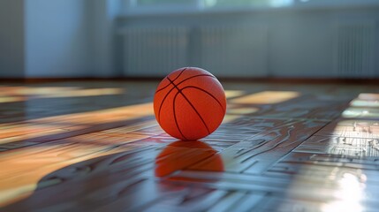Orange basketball resting on polished wood court with stark white boundary lines - obrazy, fototapety, plakaty