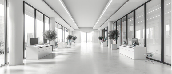 Empty modern bright white open space business office with furniture, computers, large windows,.Generative AI