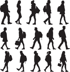 Set of People walking Black Silhouettes on white background