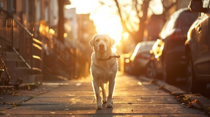 Sunlit street scene with energetic white dog leading the way on a leash - obrazy, fototapety, plakaty