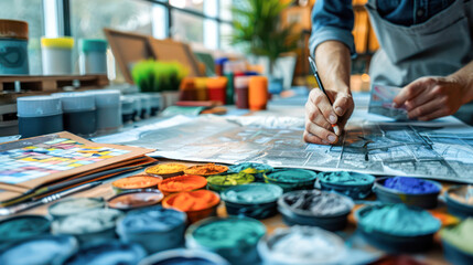 interior design or graphic designer working on project of architecture drawing with work tools and color swatches.Generative AI